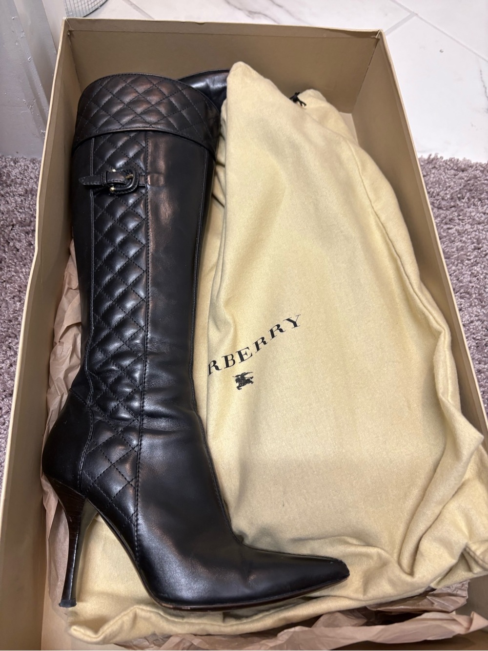 Burberry Black Quilted Leather Knee-High Stiletto Boots